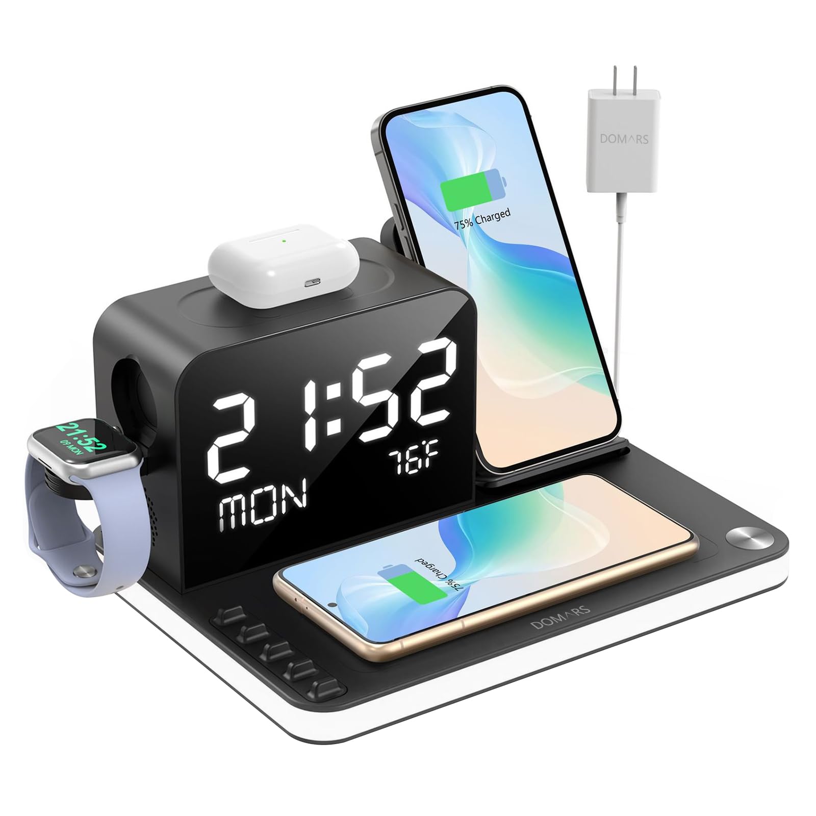 Domars 7-in-1 Wireless Charging Station, 33W Fast Charger Wireless Charger for iPhone 17/16/15 Pro Max, Apple Watch, AirPods | Charger Stand with Bluetooth Time Sync & Temperature Display