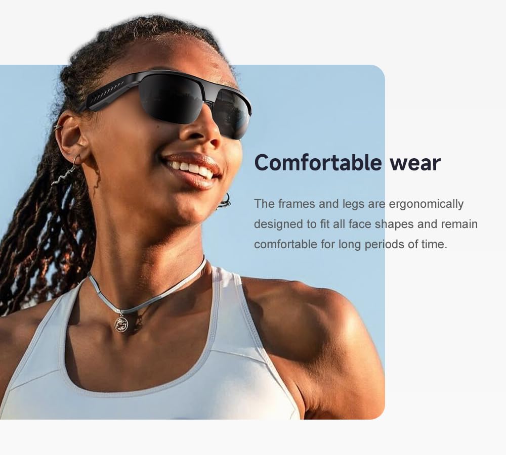 Domars Smart Glasses for Sports, AI Translator with 144 Languages, Bluetooth 5.0 Open-Ear Headphones, ENC Noise Cancelling, 4H Playtime, IPX5 Sweatproof, for Cycling/Running/Travel/Outdoor