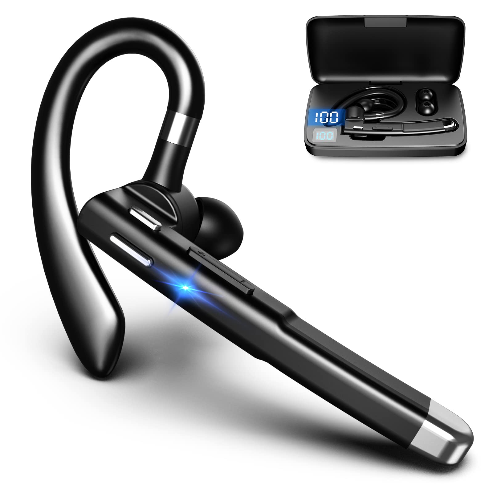Domars Bluetooth Headset V5.1 for Work, Wireless Earpiece with Mic & 1000mAh Charging Case, 42H Playtime, Dual-Mic Noise Cancelling, Hands-Free Trucker Headphones for Driving, Office & Phone Calls