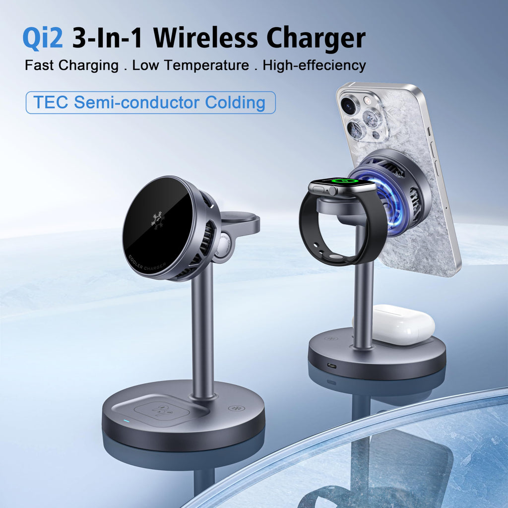 DOMARS Qi2-Certified Magnetic Wireless Charging Station | 15W Fast Charger with TEC Semiconductor Silent Fan | Nightstand Stand Compatible with Apple Watch, AirPods | Overheating-Proof Design