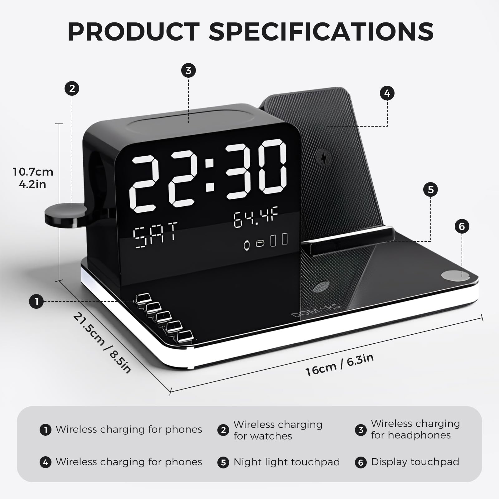 Domars 7-in-1 Wireless Charging Station, 33W Fast Charger Wireless Charger for iPhone 17/16/15 Pro Max, Apple Watch, AirPods | Charger Stand with Bluetooth Time Sync & Temperature Display