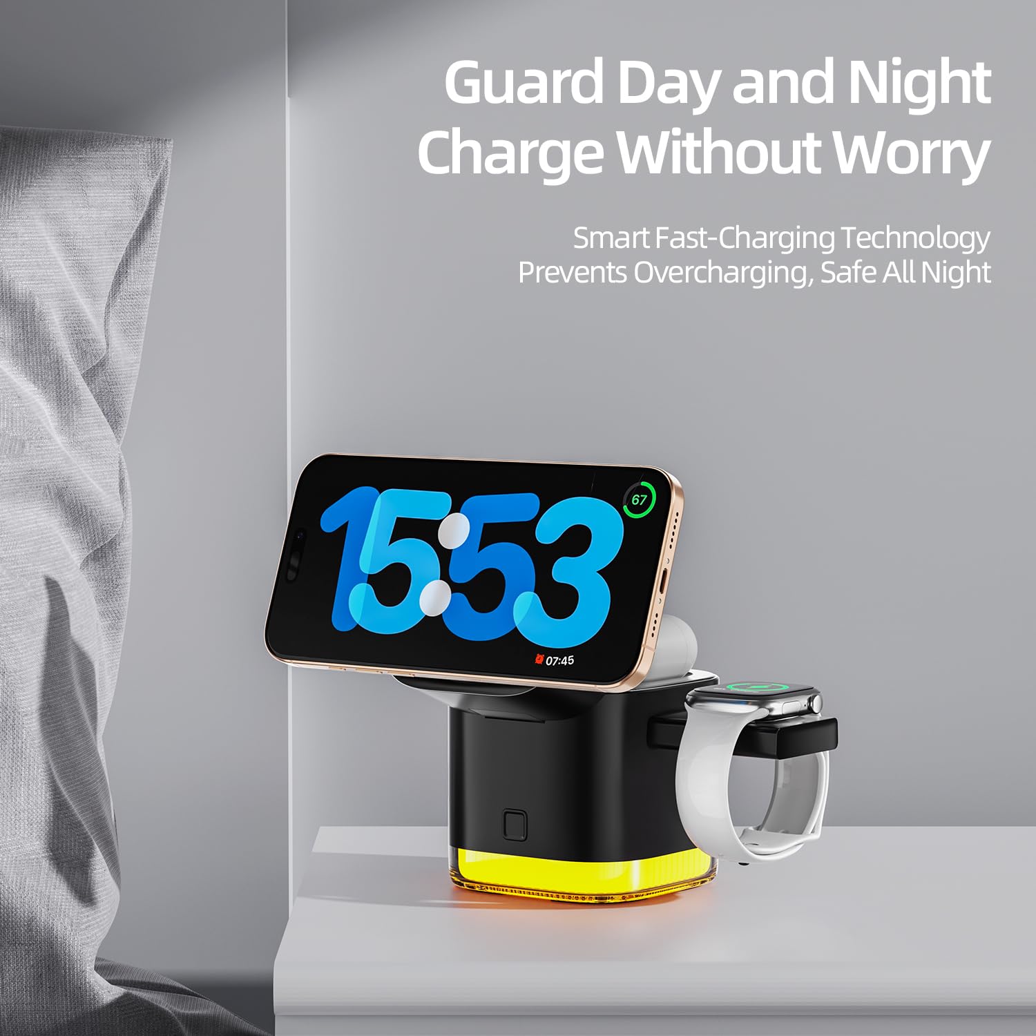 5-in-1 MagSafe Wireless Charging Station | 15W Fast Charger Compatible with iPhone 16-12, Apple Watch, AirPods | Built-in Cable & Night Light | Portable Dock for Home, Office, Travel