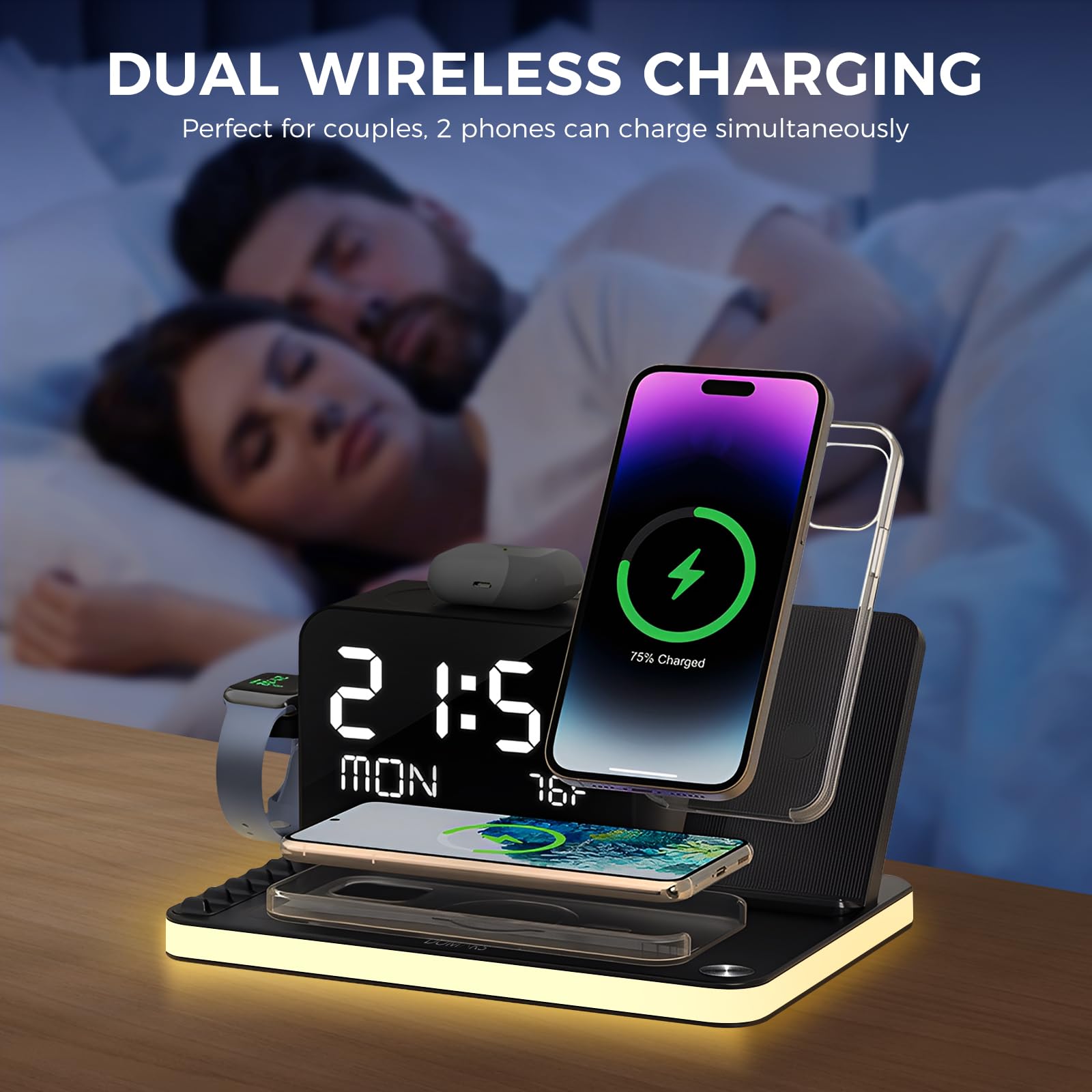 Domars 7-in-1 Wireless Charging Station, 33W Fast Charger Wireless Charger for iPhone 17/16/15 Pro Max, Apple Watch, AirPods | Charger Stand with Bluetooth Time Sync & Temperature Display