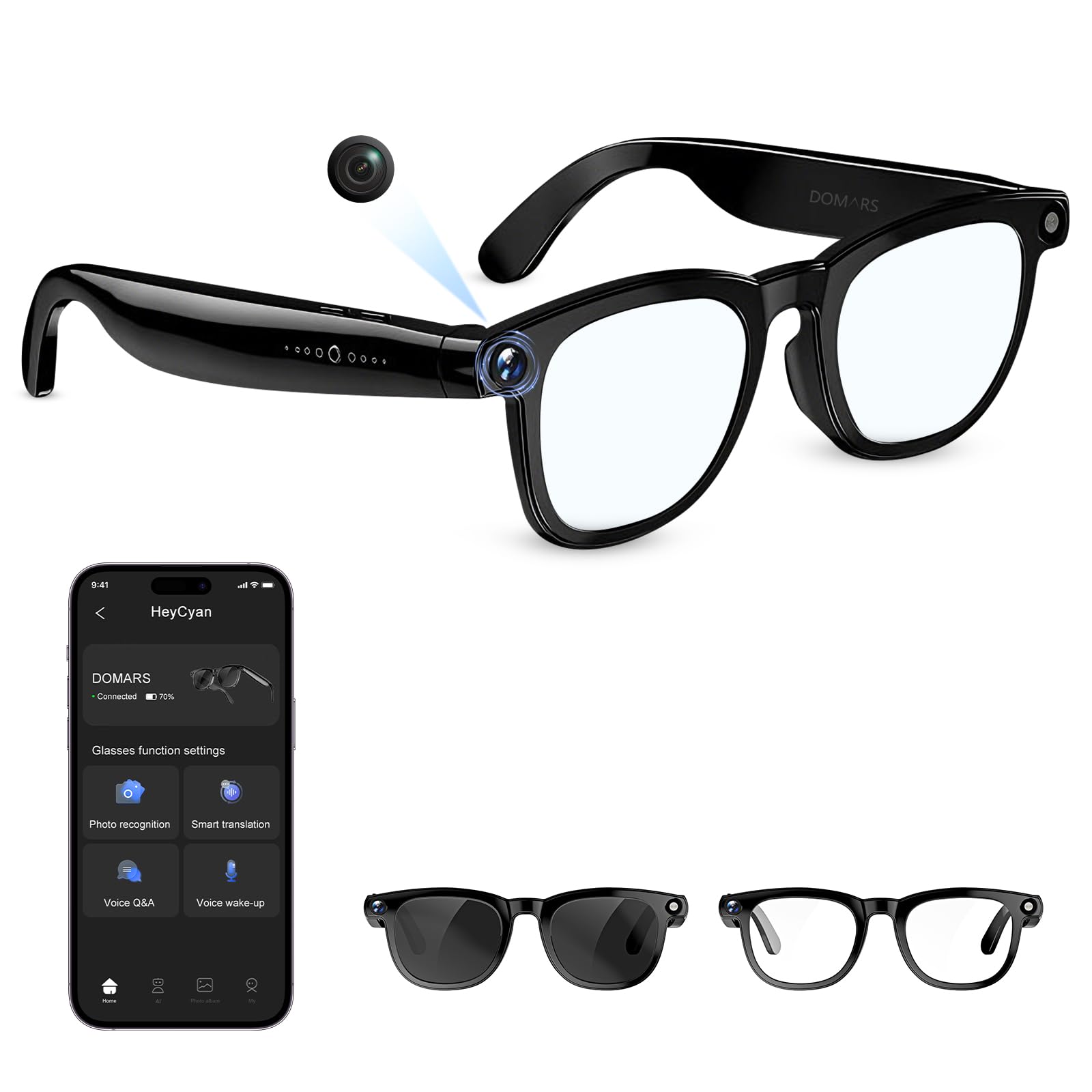 AI Smart Glasses with Camera, 164 Languages Real-Time Translation & ChatGPT/DeepSeek R1, Bluetooth 5.3 Camera Glasses, 12MP Video Recording, HiFi Stereo, IP67 Waterproof, for Travel/Office/Driving
