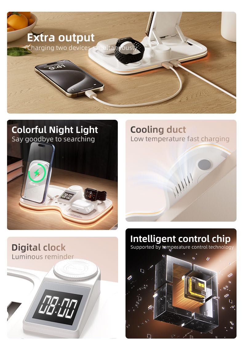 Domars 6-in-1 Auto-Lift Wireless Charging Station, 15W Fast Charger for iPhone 17/16/15/14/13, Apple Watch 10/9/8, AirPods 4/3,with Clock & 7-Color Ambient Light, Nightstand Desk Dock