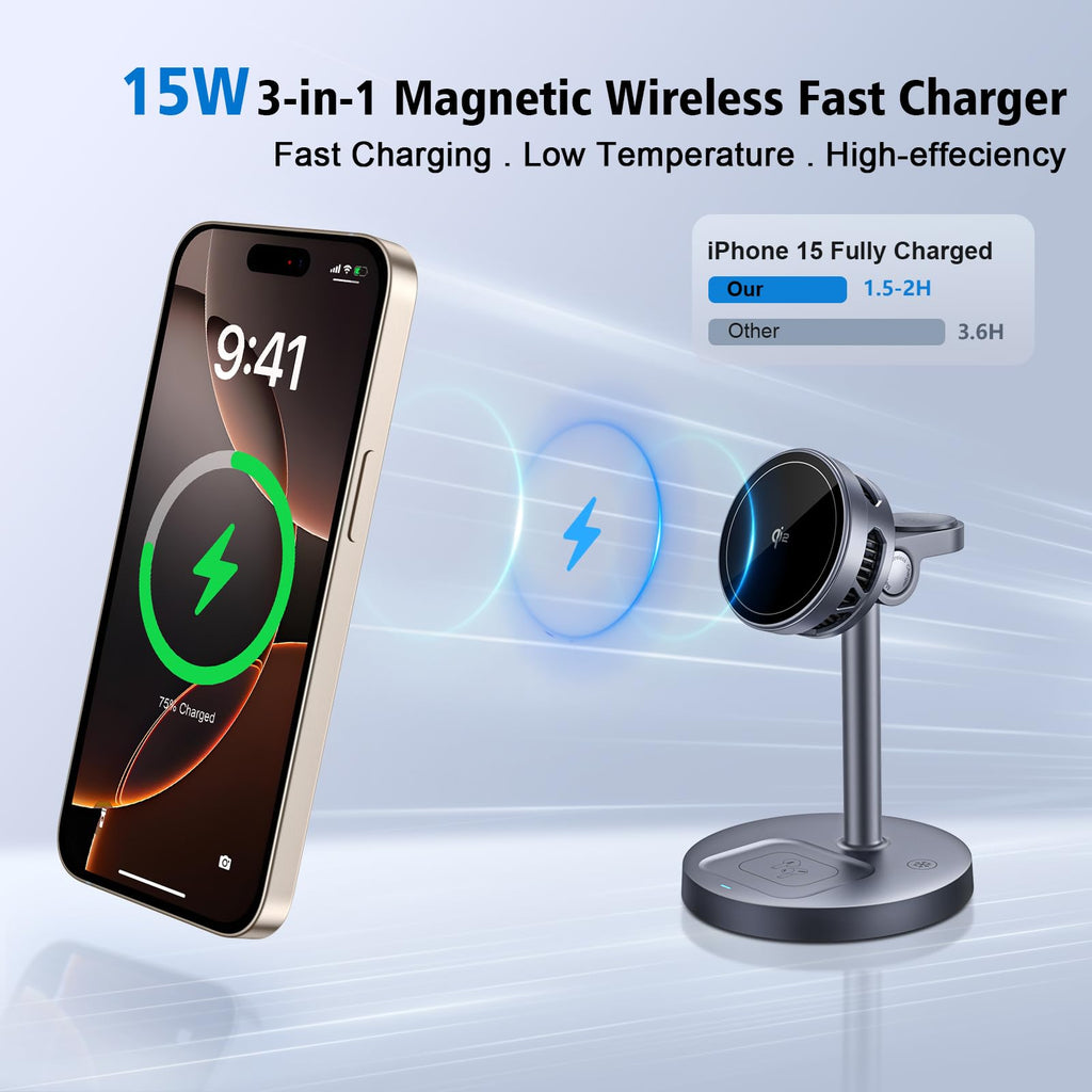 DOMARS Qi2-Certified Magnetic Wireless Charging Station | 15W Fast Charger with TEC Semiconductor Silent Fan | Nightstand Stand Compatible with Apple Watch, AirPods | Overheating-Proof Design