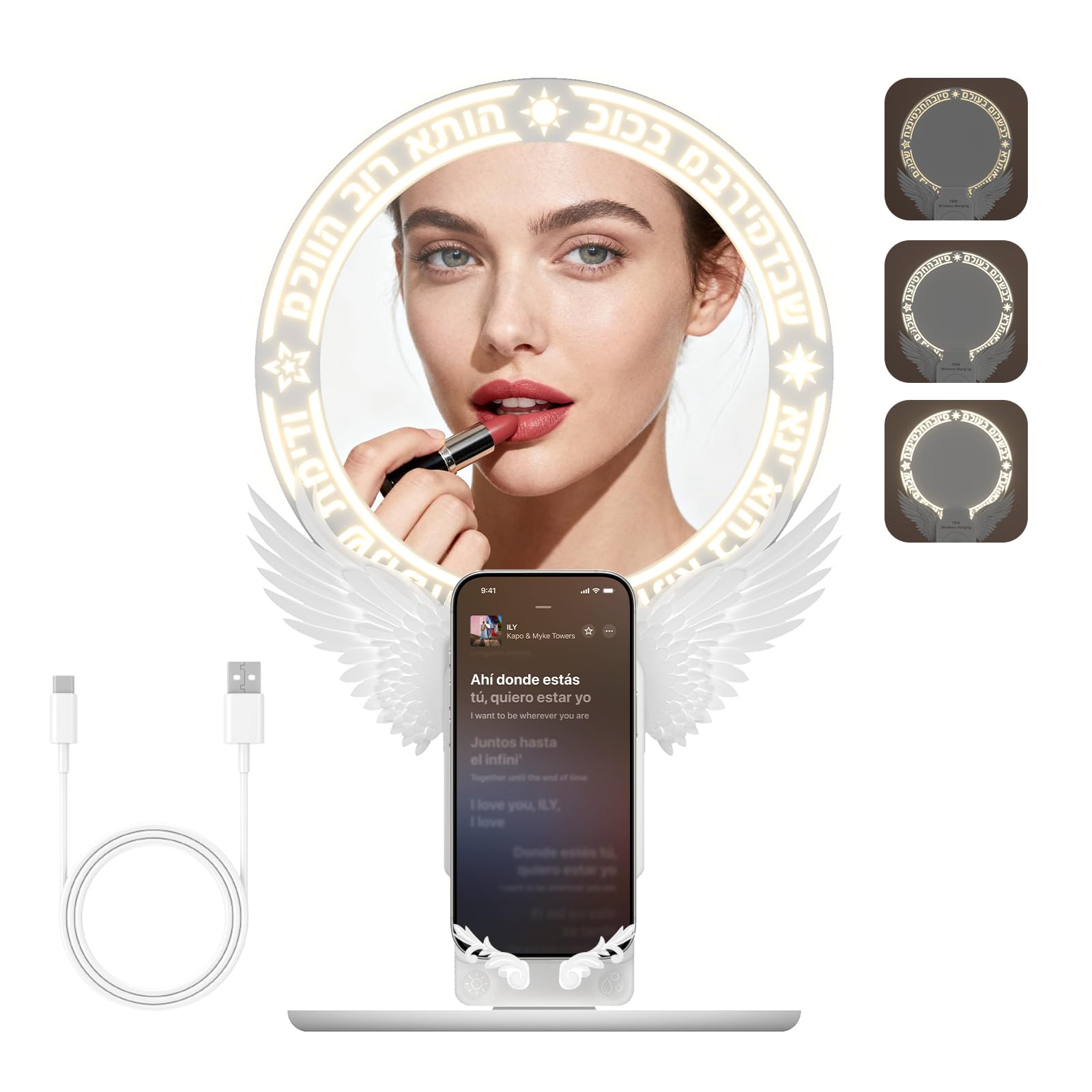 Domars 20cm Auto-Cleaning Makeup Mirror, 3 Colors & 10-Level Dimmable Touch Control, with Phone Holder, All-in-One Vanity Mirror for Streaming, Professional Makeup, Vlogging