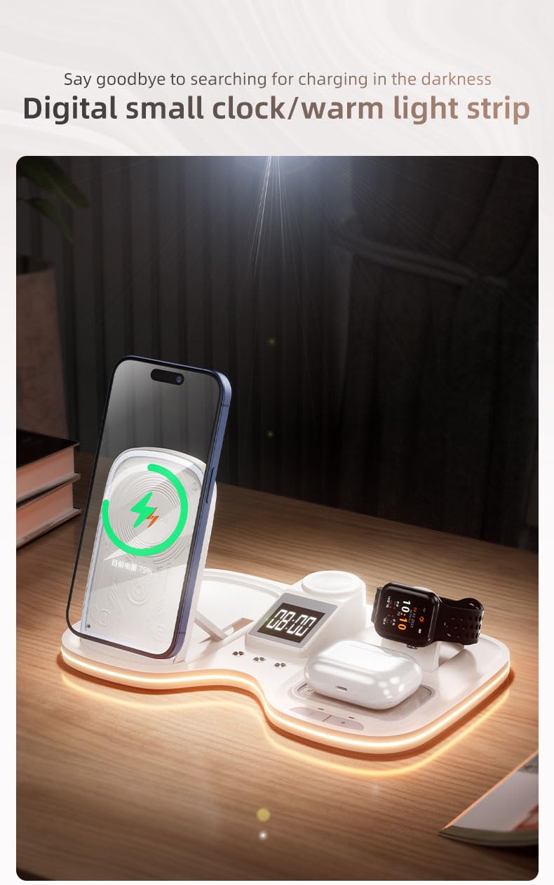 Domars 6-in-1 Auto-Lift Wireless Charging Station, 15W Fast Charger for iPhone 17/16/15/14/13, Apple Watch 10/9/8, AirPods 4/3,with Clock & 7-Color Ambient Light, Nightstand Desk Dock
