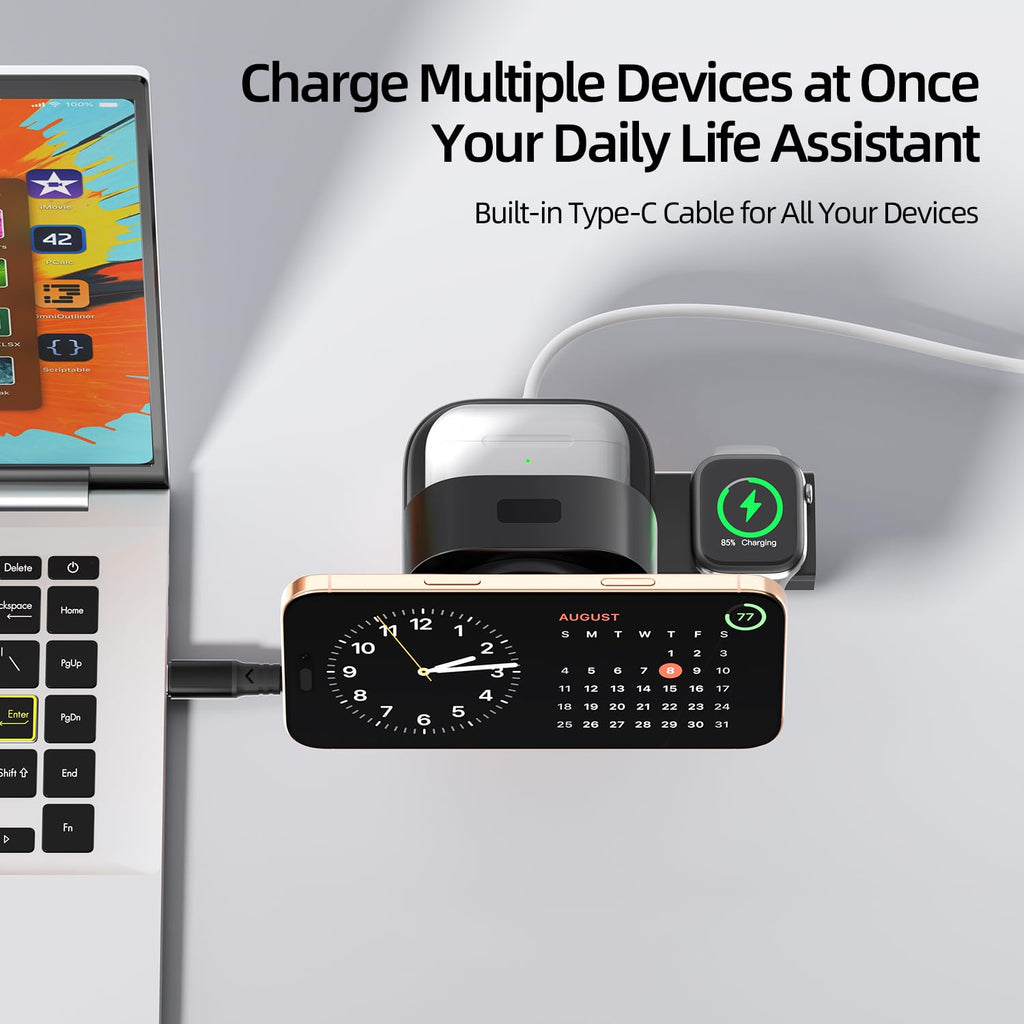 5-in-1 MagSafe Wireless Charging Station | 15W Fast Charger Compatible with iPhone 16-12, Apple Watch, AirPods | Built-in Cable & Night Light | Portable Dock for Home, Office, Travel
