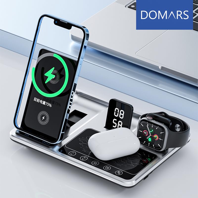Domars 4 in 1 Wireless Charging Station: 15W Fast Wireless Charger for iPhone 16/15/14 Pro Max, Apple Watch Ultra 10/9/8, AirPods Pro | Multi-Device Desk Dock with Magnetic Alignment