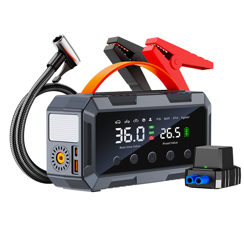 Domars Jump Starter 2000A with Tyre Inflator 10000mAh Portable Auto-Stop Air Compressor, 12V Vehicle Compatible, Dual-Cylinder Pump, Emergency LED Light, Car Battery Booster
