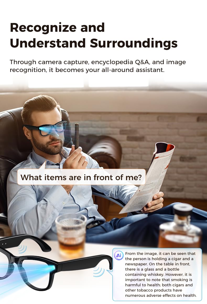 Domars Ultra AI Smart Glasses with 3600mAh Charging Case, 8MP Camera, Built-in ChatGPT, Voice Assistant, Hands-Free Recording & Translation, 32GB Memory, for Travel & Office