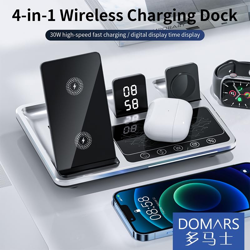 Domars 4 in 1 Wireless Charging Station: 15W Fast Wireless Charger for iPhone 16/15/14 Pro Max, Apple Watch Ultra 10/9/8, AirPods Pro | Multi-Device Desk Dock with Magnetic Alignment