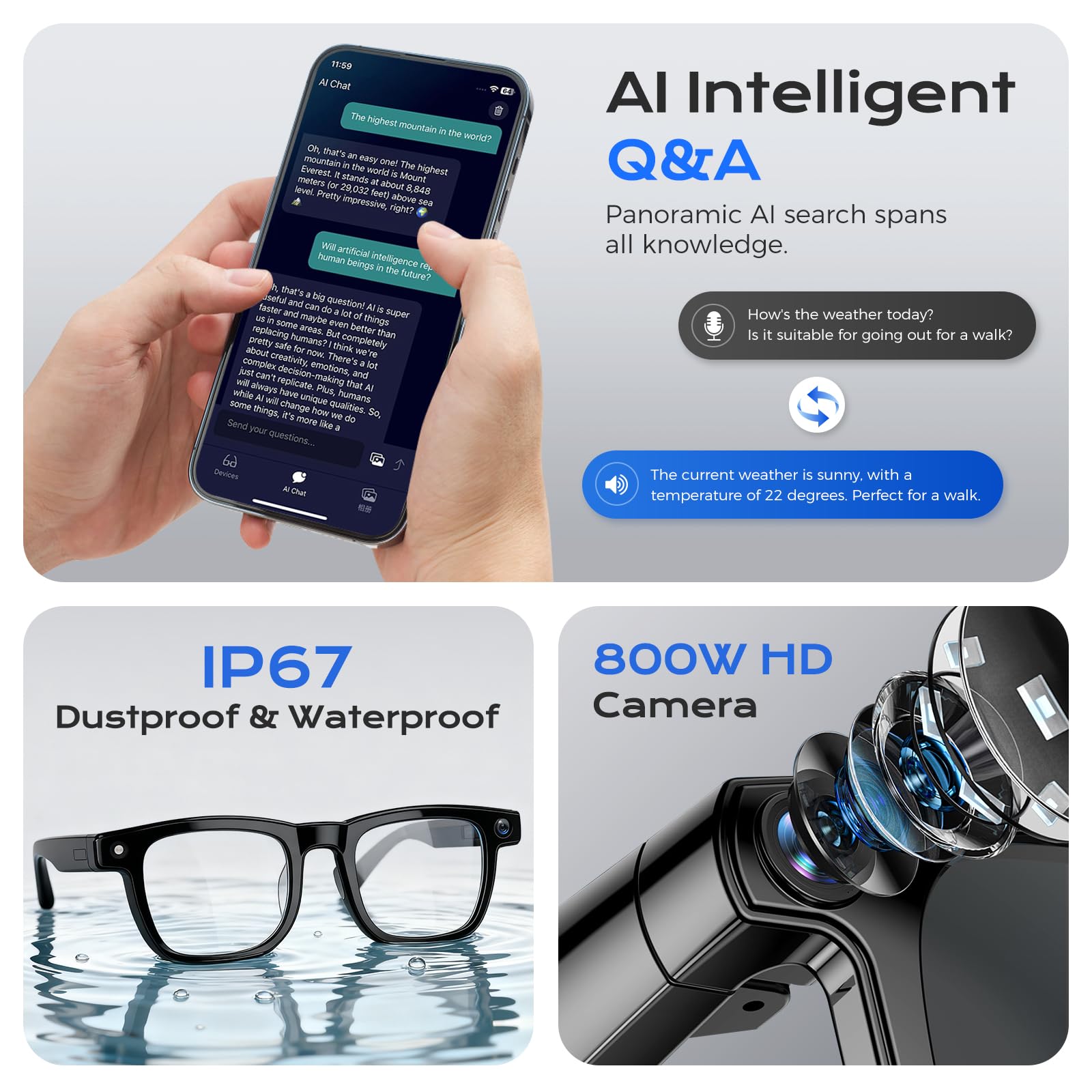 AI Smart Glasses with Camera, 164 Languages Real-Time Translation & ChatGPT/DeepSeek R1, Bluetooth 5.3 Camera Glasses, 12MP Video Recording, HiFi Stereo, IP67 Waterproof, for Travel/Office/Driving