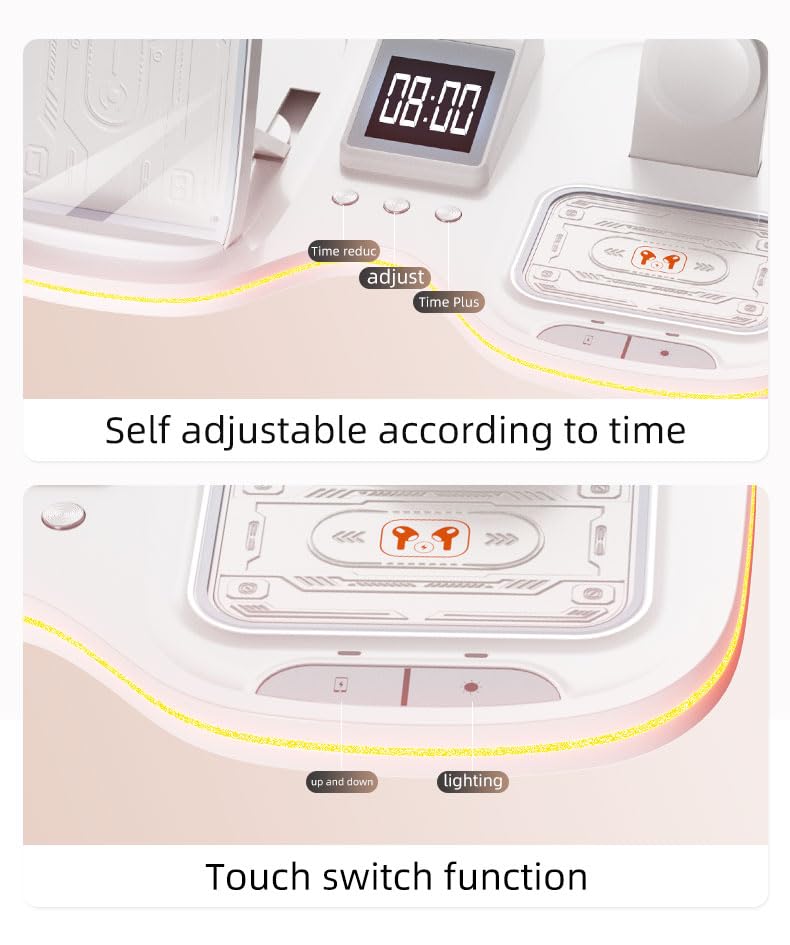 Domars 6-in-1 Auto-Lift Wireless Charging Station, 15W Fast Charger for iPhone 17/16/15/14/13, Apple Watch 10/9/8, AirPods 4/3,with Clock & 7-Color Ambient Light, Nightstand Desk Dock